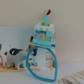 Light blue Happy Birthday cake headband with plush candles and rainbow embroidery - 1 Candle Blue