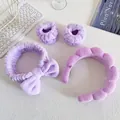 Lavender plush spa set including bow headband, wave hairband, and soft wristbands - Headband, Bow Hairband and Wristbands Set / Purple