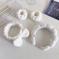 White sponge headband and wristband set for facial cleansing and makeup beauty care - Headband, Bow Hairband and Wristbands Set / White