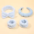 Light blue sponge headband and plush wristband set for face washing and skincare - Headband, Bow Hairband and Wristbands Set / Blue