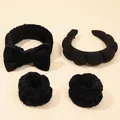 Black plush spa set including bow headband, padded sponge hairband and wrist washbands - Headband, Bow Hairband and Wristbands Set / Black