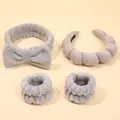 Grey plush cloud headband and wristband set for face washing and skincare rituals - Headband, Bow Hairband and Wristbands Set / Gray