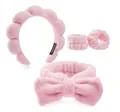 Pink fluffy sponge headband and wristband set for makeup and face washing soft spa kit - Headband, Bow Hairband and Wristbands Set / Pink