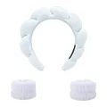White twist sponge headband and matching wristband set for facial washing and skincare - Headband and Wristbands Set / White
