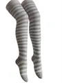 Over-knee striped stockings in grey and white colorway with elastic ribbed cuffs - Grayish-white Thin Stripes / One Size