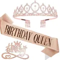 Rose gold birthday set with rhinestone tiara, glitter sash, and cake topper - Crown, Sash and Cake Topper (Birthday Queen) / Rose Gold