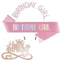 Pink glitter Birthday Girl sash with rhinestone headband and rose gold cake topper set - Headband, Sash and Cake Topper (Birthday Girl) / Pink