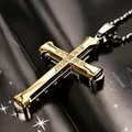 Fashionable men's cross pendant necklace in gold and silver finish with inlaid crystals - Double Layer With Box Chain / Gold