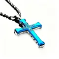 Macro detail of silver cross pendant featuring blue inlay and sparkling cubic zirconia - Double Layer With Box Chain / Blue