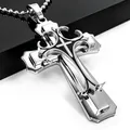 Three-layer silver stainless steel cross pendant necklace with scrollwork and bead chain - Black With Bead Chain / Black