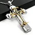 Men's double layer gold and silver cross pendant necklace with a steel bead chain - Gold with Bead Chain / Gold