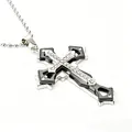 Detailed view of silver and black layered cross pendant with crystal inlay on bead chain - Zirconia Inlaid With Ball Chain / Black