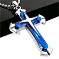 Detailed close-up of a silver cross pendant with blue inlay and round bead chain necklace - Split Ball Chain Style / Blue