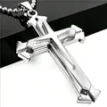 Macro shot of silver layered geometric cross pendant with industrial metallic textures - Split Ball Chain Style / Silver