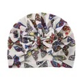 Newborn cotton turban hat with colorful butterfly print and large bowknot detail - White Butterfly Print (H)