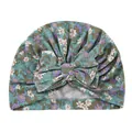 Close-up of olive green floral baby turban hat with a large decorative bow - Olive Green Floral (G)