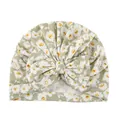 Detailed view of baby floral turban hat featuring a large bow and soft cotton fabric - Light Green Floral (E)
