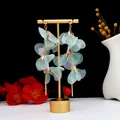 Elegant long fringe earrings with light green fabric petals and gold metallic accents - E5641