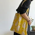 Eco-friendly ginger cotton tote bag with white tiger block print and long shoulder straps - Standard Large / Yellow Tiger