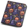 Stilvolle schlanke PU-Leder Damengeldbörse mit Halloween-Kürbis- und Totenkopf-Musterdruck - Kürbis-Violett Druck / Lila