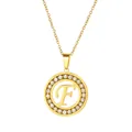 Golden stainless steel necklace with crystal-encrusted round pendant featuring letter F - Letter F