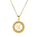 Gold stainless steel necklace featuring a crystal-encrusted round pendant with letter H - Letter H