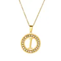 Gold stainless steel circular necklace featuring letter I pendant with crystal inlay - Letter I