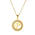 Gold stainless steel chain necklace with sparkling crystal round P-letter pendant - Letter P