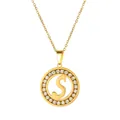 Golden stainless steel necklace with round S letter pendant and sparkling zircons - Letter S