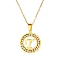 Minimalist gold stainless steel round necklace with crystal pavé and letter T pendant - Letter T