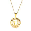 Gold-plated stainless steel circular necklace featuring letter V with crystal stones - Letter U