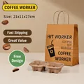 Sac en papier kraft pour café avec porte-gobelet et décor de grains, 21x11x27cm - Employé De Café ; Sac À Double Tasse 21*11*27