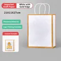 Sac en papier kraft blanc personnalisé avec bord doré et poignées, 21x11x27cm - Vache Blanche À Bordure Dorée ; Impression Verticale Format Moyen 21 X 11 X 27 Cm