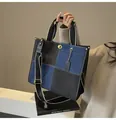 Blue and black patchwork canvas tote bag with golden lock and adjustable strap - Black