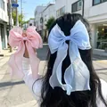 Oversized organza bow hair clip with long ribbons in soft pink and blue pastel colors - Blue Ribbon Duckbill Clip