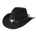 Black wool felt western cowboy hat featuring ethnic pattern band and silver bull skull - One Size 57-58cm / Tibetan Style Fabric Cow Skull Decoration / Black