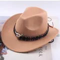 Khaki western cowboy felt hat with ethnic ribbon and silver bull head decoration - One Size 57-58cm / Tibetan Style Fabric Cow Skull Decoration / Camel