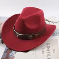 Ethnic burgundy wool felt western cowboy hat with a brown leather band and bull head emblem - One Size 57-58cm / Leather Band with Cow Skull Style / Burgundy