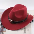 Red wool felt cowboy hat with ethnic woven band and metal bull head ornament - One Size 57-58cm / Tibetan Style Fabric Cow Skull Decoration / Burgundy