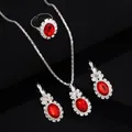 Silver jewelry set with oval red ruby stones and glittering rhinestones in retro style - Three-Piece Set / 8410 Red