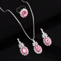 Sparkling silver jewelry set with pink oval crystals including necklace, earrings and ring - Three-Piece Set / 8409 Pink