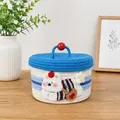 Blue and white woven cotton storage basket with lid and plush bear decoration - Dark Blue Lid - Backpack Dog (22*15)