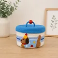 Handwoven cotton rope storage basket with blue lid and cute puppy cartoon embroidery - Dark Blue Lid - Crown Dog (22*15)