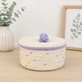 Woven cotton rope storage basket with lid and colorful stripes for desk organization - Beige Color Dot - Purple Woven Ball (22*12)