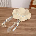 Beige straw sun hat with floral accents and translucent ribbons for summer beach - Blue White Flower Beige
