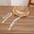 Light brown woven straw sun hat with floral embroidery and organza ribbons for beach vacation - Blue/White Flower - Khaki