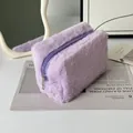 Plush light purple makeup bag with a soft texture and silver zipper for travel storage - 17cmx10cmx10cm / Light Purple