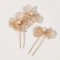 Set di forcine per capelli a fiore dorato con perle bianche e cristalli brillanti - Set di forcine per capelli con fiori dorati traforati e perle artificiali