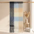 Blue and beige plaid mohair scarf with thick texture and long tassels on a wooden rack - 38*205+17*2cm / 61# Blue Beige Dark Grey Contrast Plaid