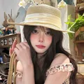Beige woven straw boater hat with a yellow ribbon bow for beach vacations - Beige Satin Ribbon Boater Hat (D-582)